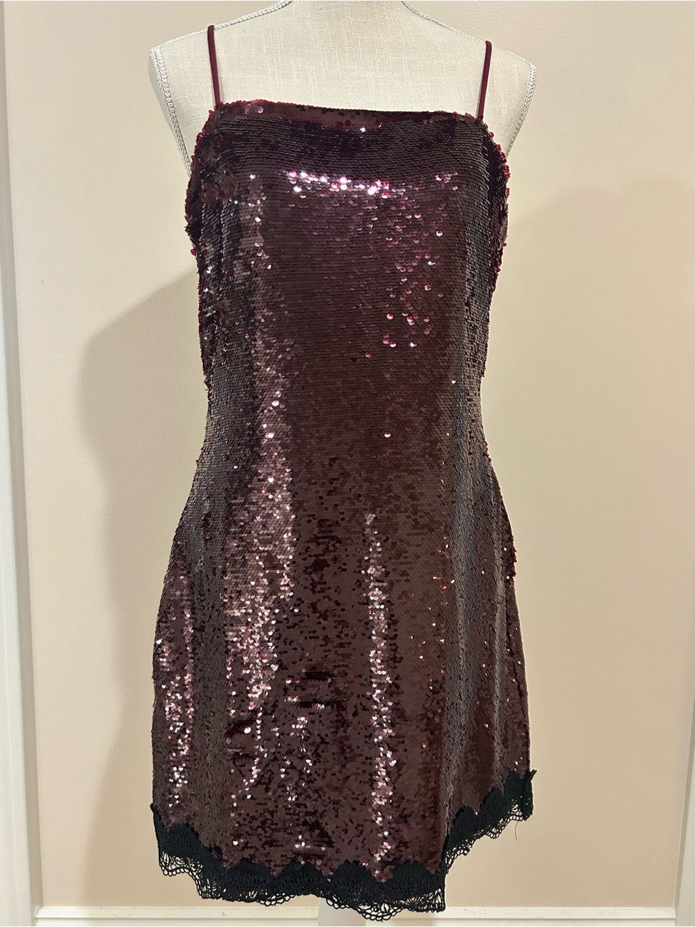 Burgundy Sequin Slip Mini Dress with Black Lace Trim